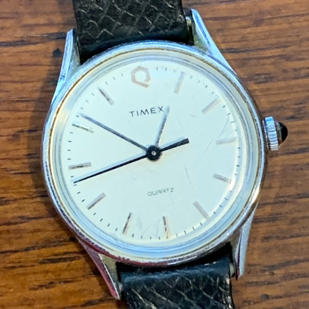 Vintage Timex Q TCell Watch Black Cabochon Crown